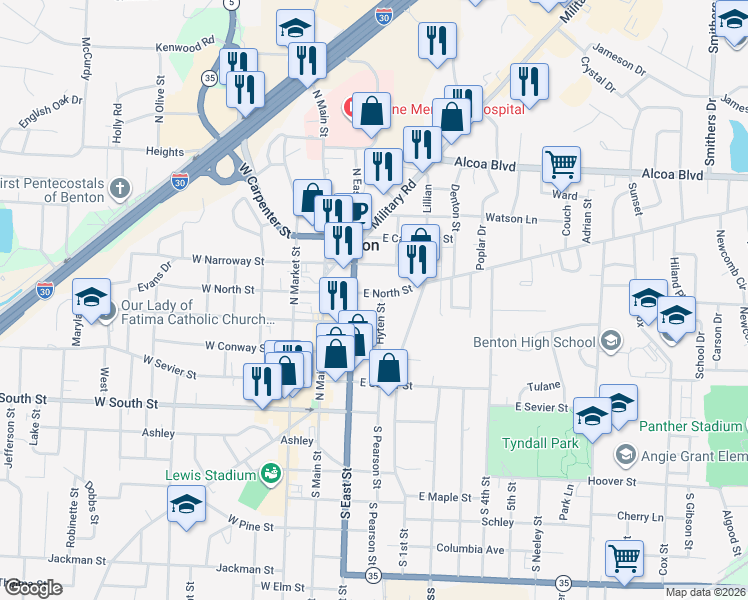 map of restaurants, bars, coffee shops, grocery stores, and more near 219 East North Street in Benton