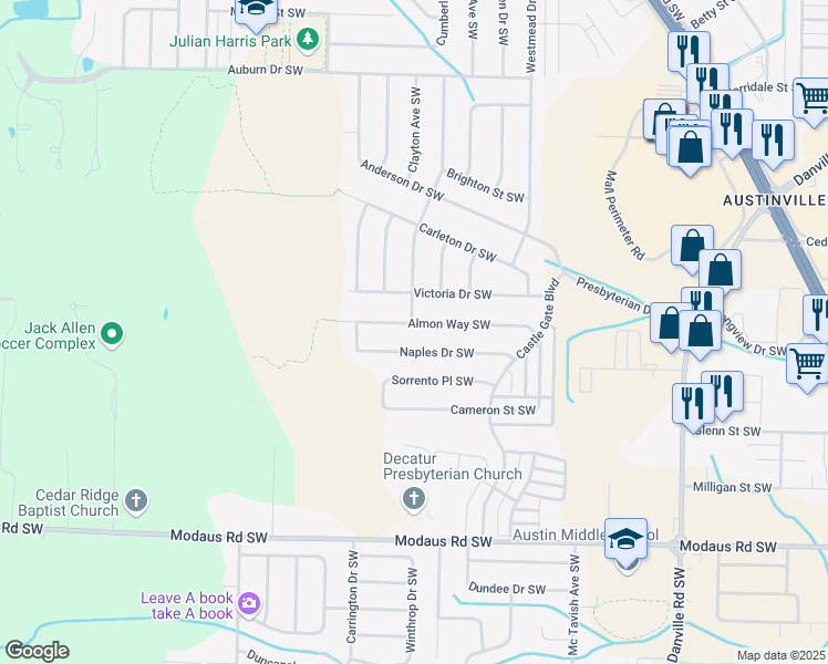 map of restaurants, bars, coffee shops, grocery stores, and more near 2231 Almon Way Southwest in Decatur