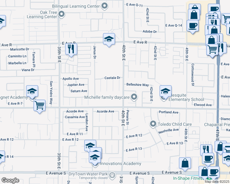 map of restaurants, bars, coffee shops, grocery stores, and more near 37702 Medea Court in Palmdale
