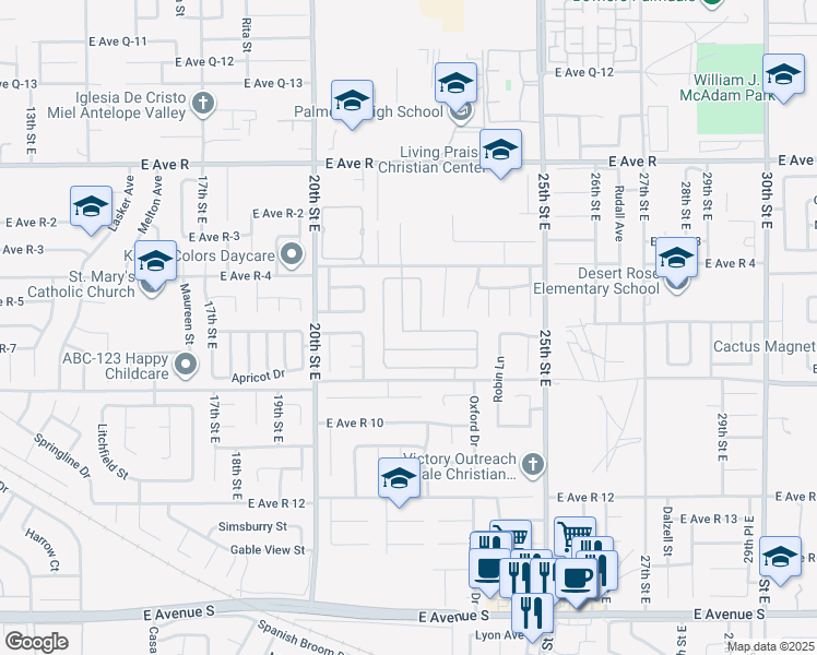 map of restaurants, bars, coffee shops, grocery stores, and more near 37660 Cardiff Street in Palmdale