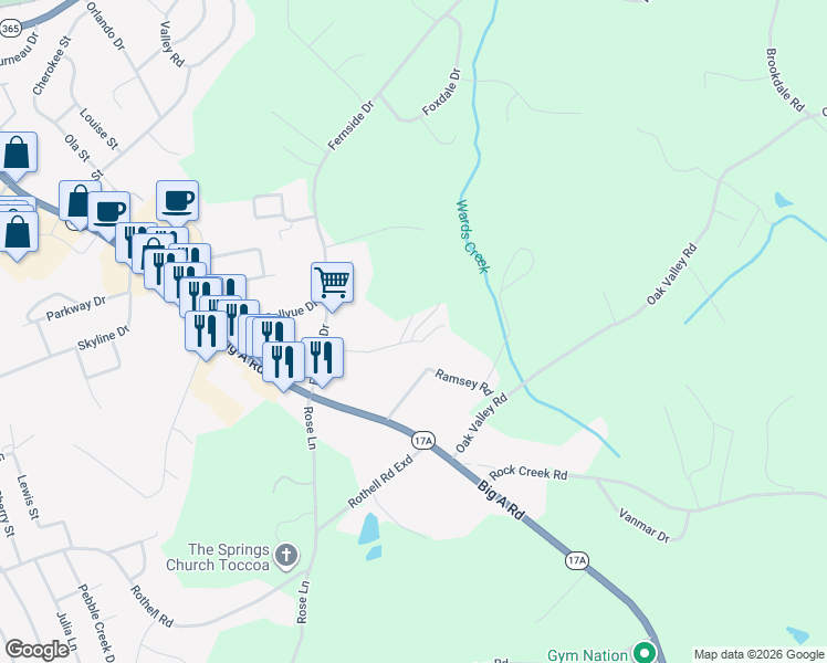 map of restaurants, bars, coffee shops, grocery stores, and more near 167 Colonial Drive in Toccoa