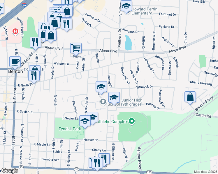 map of restaurants, bars, coffee shops, grocery stores, and more near 11 Hiland Place in Benton