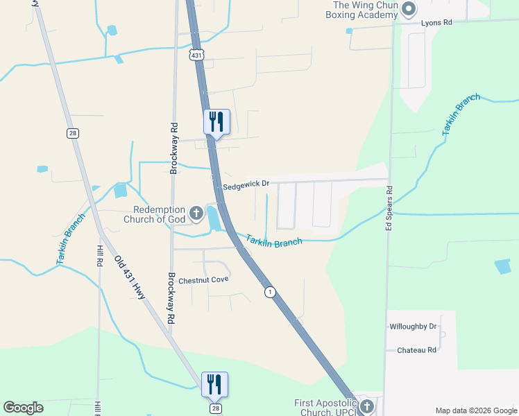 map of restaurants, bars, coffee shops, grocery stores, and more near 119 Blackwell Court in Owens Cross Roads
