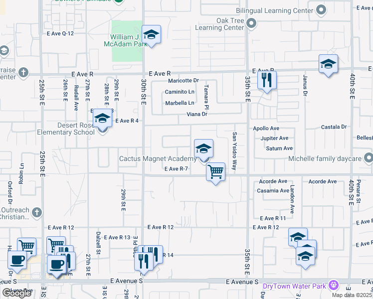 map of restaurants, bars, coffee shops, grocery stores, and more near 3102 East Avenue R 6 in Palmdale