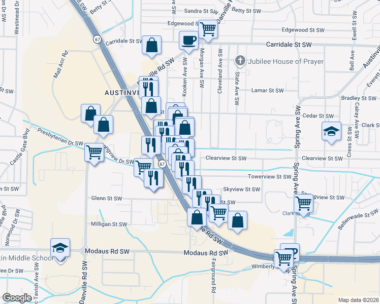 map of restaurants, bars, coffee shops, grocery stores, and more near 1612 Beltline Road Southwest in Decatur