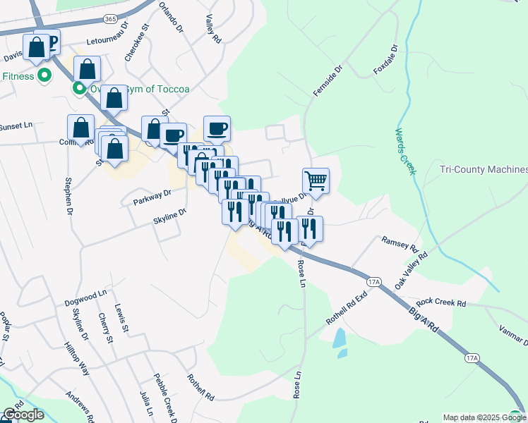 map of restaurants, bars, coffee shops, grocery stores, and more near 74 Bellvue Drive in Toccoa
