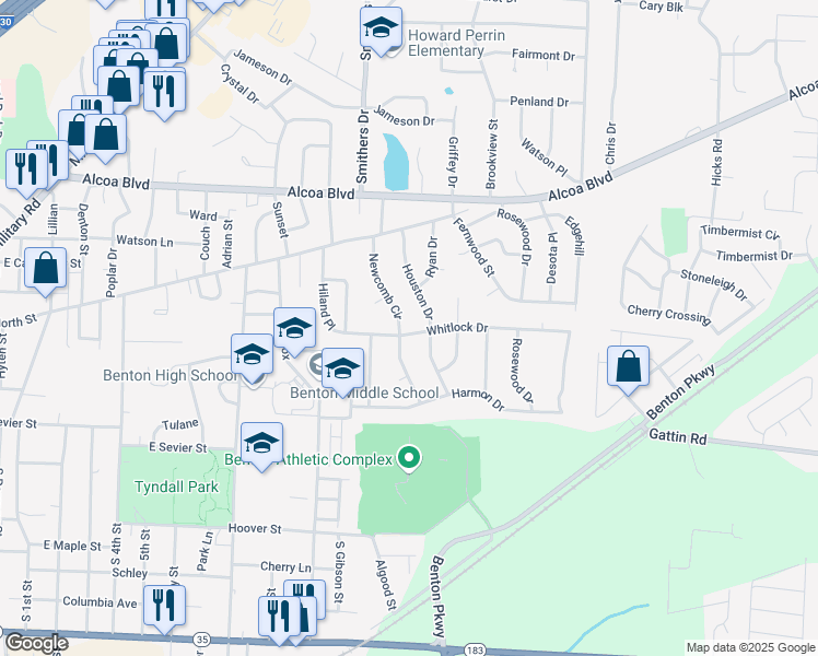 map of restaurants, bars, coffee shops, grocery stores, and more near 601 Newcomb Drive in Benton