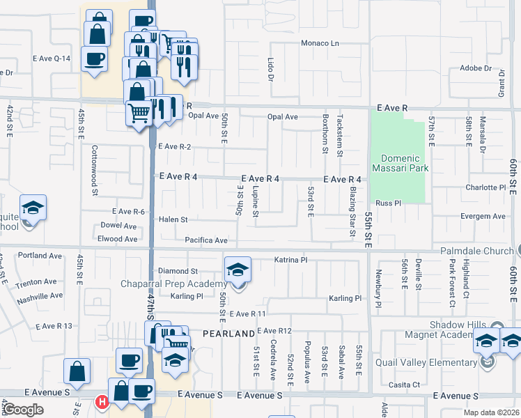 map of restaurants, bars, coffee shops, grocery stores, and more near 37707 Smoke Tree Street in Palmdale