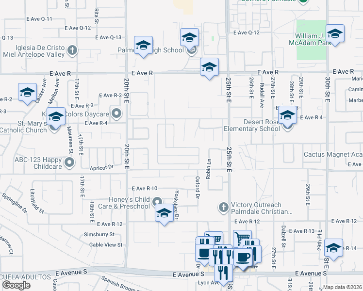 map of restaurants, bars, coffee shops, grocery stores, and more near 2247 Gregory Avenue in Palmdale