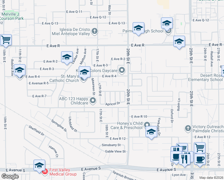map of restaurants, bars, coffee shops, grocery stores, and more near 1803 East Avenue R 6 in Palmdale