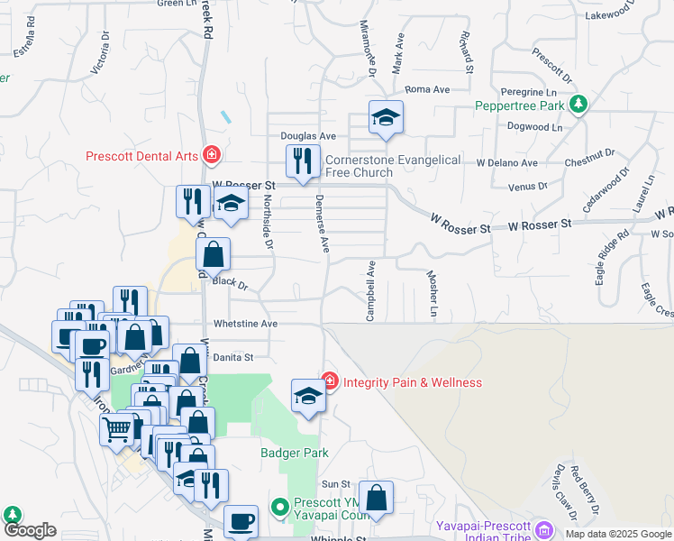 map of restaurants, bars, coffee shops, grocery stores, and more near 687 Prescott Heights Drive in Prescott