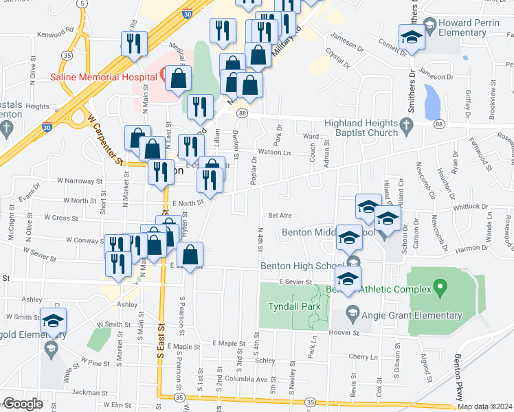 map of restaurants, bars, coffee shops, grocery stores, and more near 510 North 4th Street in Benton