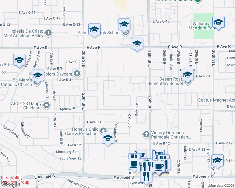 map of restaurants, bars, coffee shops, grocery stores, and more near 2243 Gregory Avenue in Palmdale