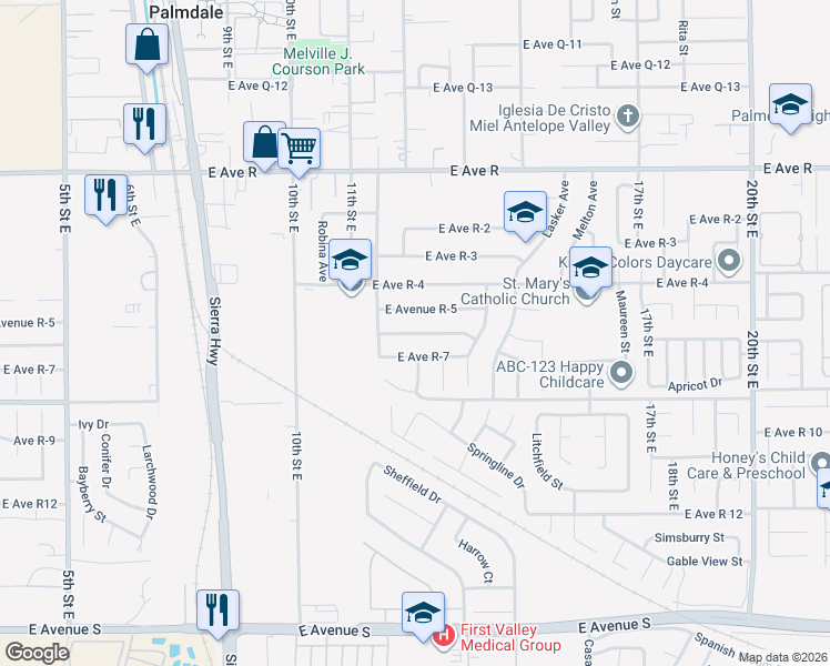 map of restaurants, bars, coffee shops, grocery stores, and more near 1209 East Ave R-6 in Palmdale