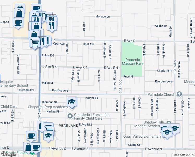 map of restaurants, bars, coffee shops, grocery stores, and more near 37712 53rd Street East in Palmdale