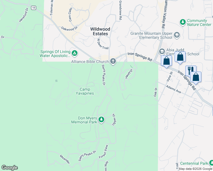 map of restaurants, bars, coffee shops, grocery stores, and more near 1585 Sierry Peaks Drive in Prescott