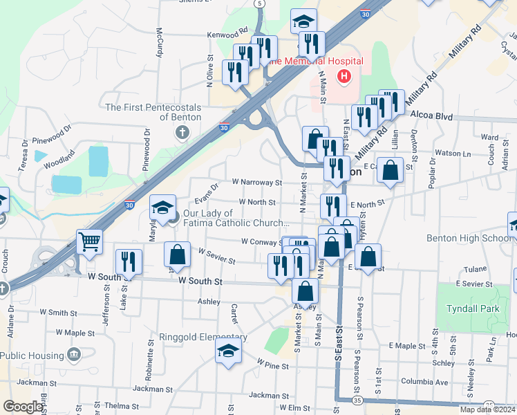 map of restaurants, bars, coffee shops, grocery stores, and more near 402 A Avenue in Benton