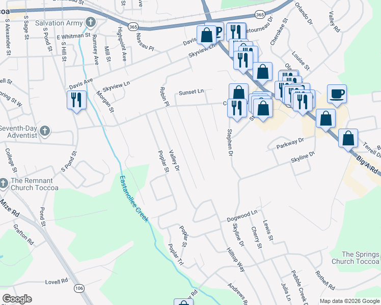 map of restaurants, bars, coffee shops, grocery stores, and more near 232 Hilltop Lane in Toccoa