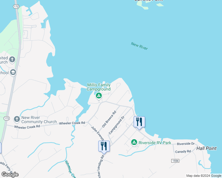 map of restaurants, bars, coffee shops, grocery stores, and more near 511 Poverty Point Road in Sneads Ferry