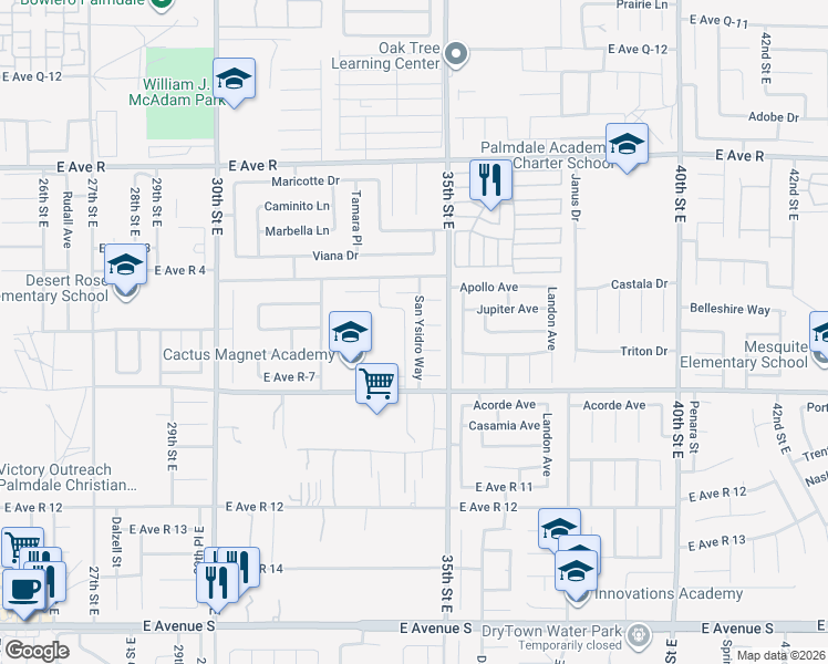 map of restaurants, bars, coffee shops, grocery stores, and more near 37665 San Ysidro Way in Palmdale
