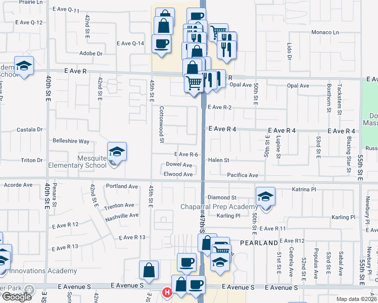 map of restaurants, bars, coffee shops, grocery stores, and more near 4605 East Avenue R-6 in Palmdale