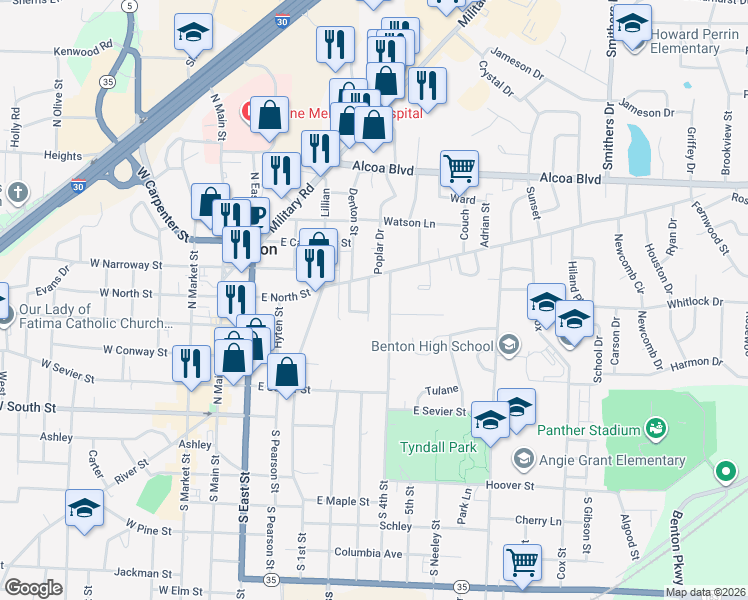 map of restaurants, bars, coffee shops, grocery stores, and more near 501 Virginia Street in Benton