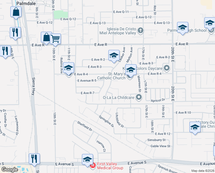 map of restaurants, bars, coffee shops, grocery stores, and more near 37679 Lasker Avenue in Palmdale