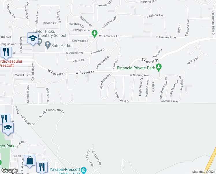 map of restaurants, bars, coffee shops, grocery stores, and more near 1430 Eagle Ridge Road in Prescott