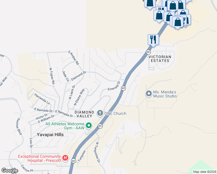 map of restaurants, bars, coffee shops, grocery stores, and more near 1570 Emerald Drive in Prescott