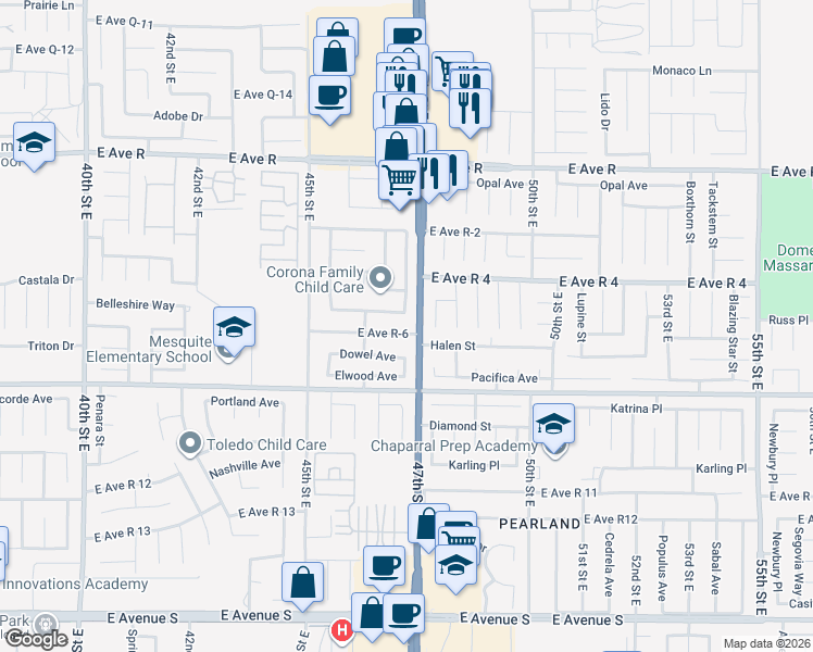 map of restaurants, bars, coffee shops, grocery stores, and more near 4647 East Avenue R-6 in Palmdale