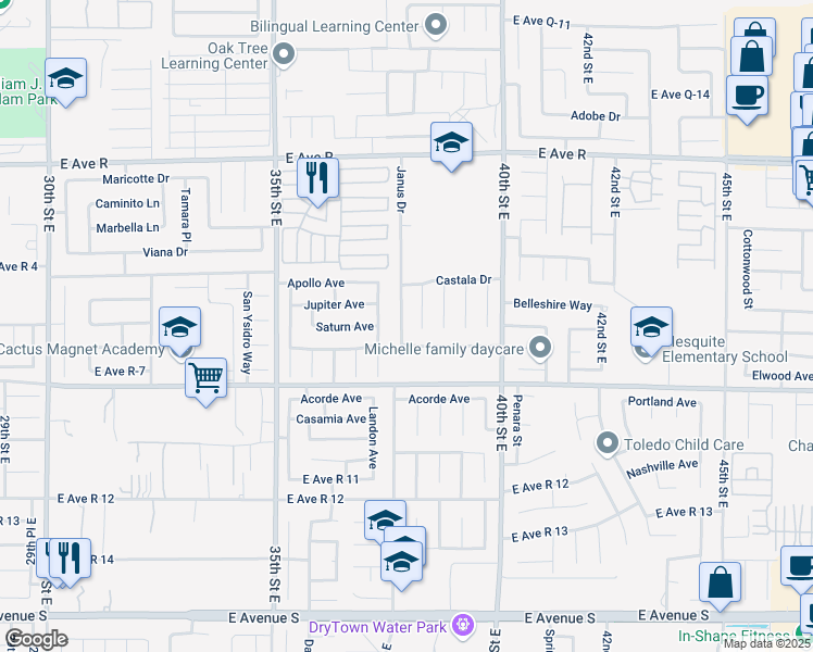 map of restaurants, bars, coffee shops, grocery stores, and more near 37704 Janus Drive in Palmdale
