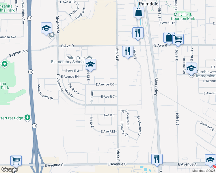 map of restaurants, bars, coffee shops, grocery stores, and more near 424 East Avenue R-5 in Palmdale