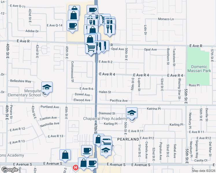 map of restaurants, bars, coffee shops, grocery stores, and more near 37712 Duffel Street in Palmdale