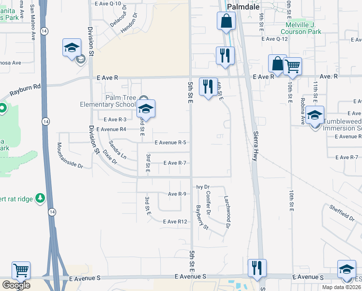 map of restaurants, bars, coffee shops, grocery stores, and more near 438 East Avenue R-5 in Palmdale