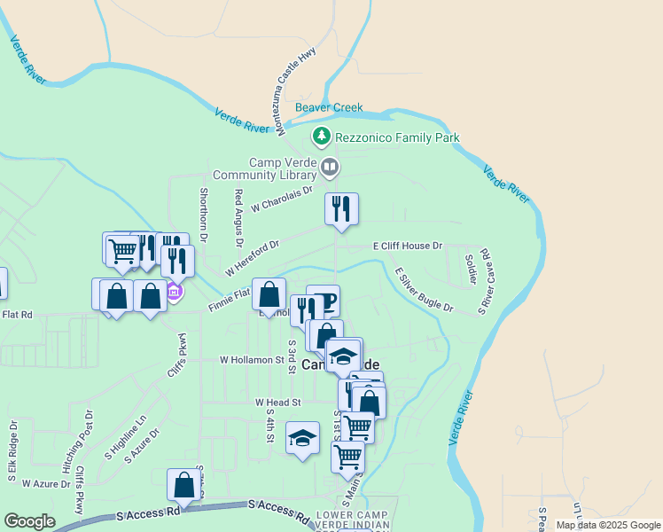 map of restaurants, bars, coffee shops, grocery stores, and more near 90 South Montezuma Castle Highway in Camp Verde