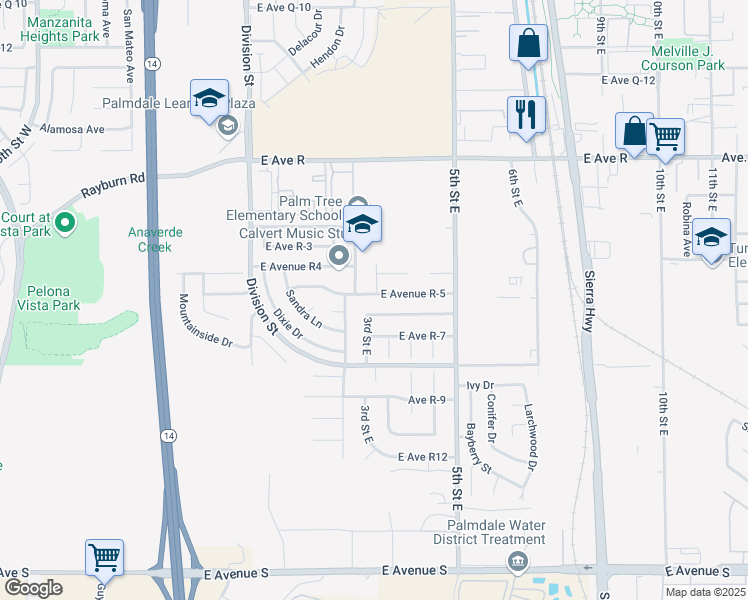 map of restaurants, bars, coffee shops, grocery stores, and more near 324 East Avenue R-5 in Palmdale