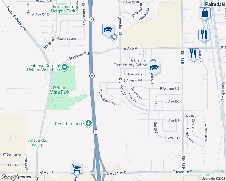 map of restaurants, bars, coffee shops, grocery stores, and more near 136 Horizon Road in Palmdale