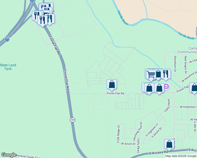 map of restaurants, bars, coffee shops, grocery stores, and more near 1016 Finnie Flat Road in Camp Verde