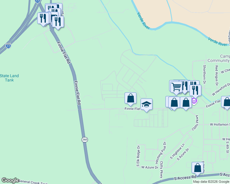 map of restaurants, bars, coffee shops, grocery stores, and more near 1016 Finnie Flat Road in Camp Verde