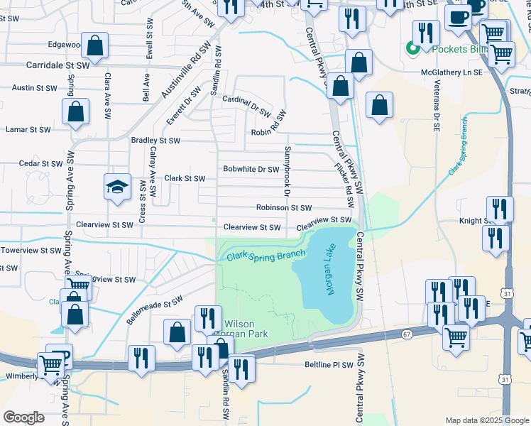 map of restaurants, bars, coffee shops, grocery stores, and more near 307 Robinson Street Southwest in Decatur