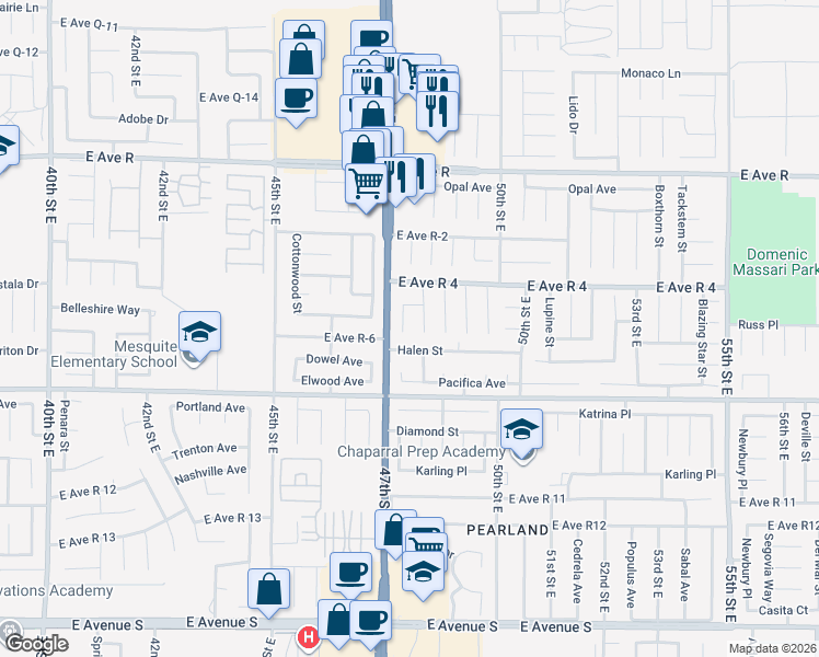 map of restaurants, bars, coffee shops, grocery stores, and more near 37710 Adela Court in Palmdale