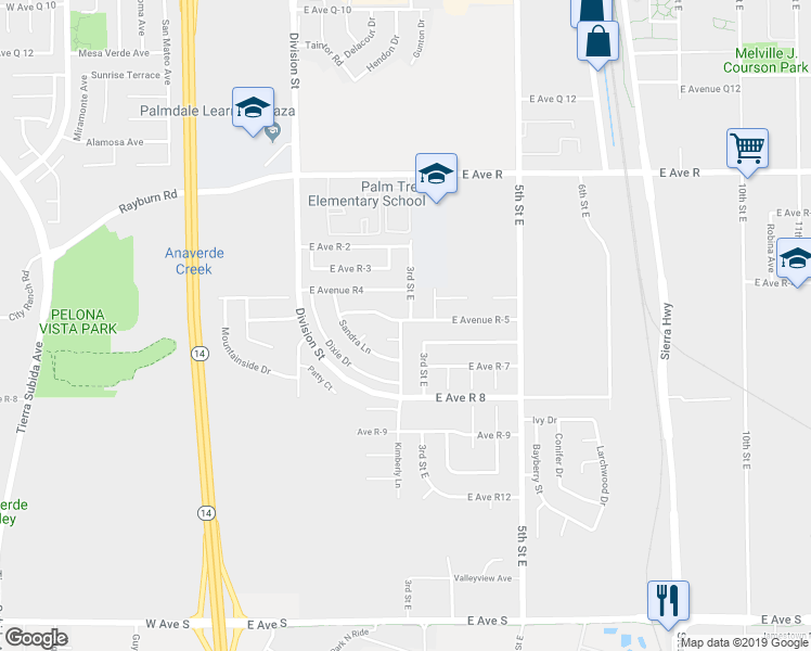 map of restaurants, bars, coffee shops, grocery stores, and more near 37714 Kimberly Lane in Palmdale