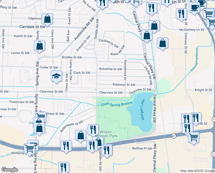 map of restaurants, bars, coffee shops, grocery stores, and more near 315 Robinson Street Southwest in Decatur