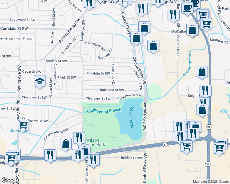 map of restaurants, bars, coffee shops, grocery stores, and more near 227 Robinson Street Southwest in Decatur
