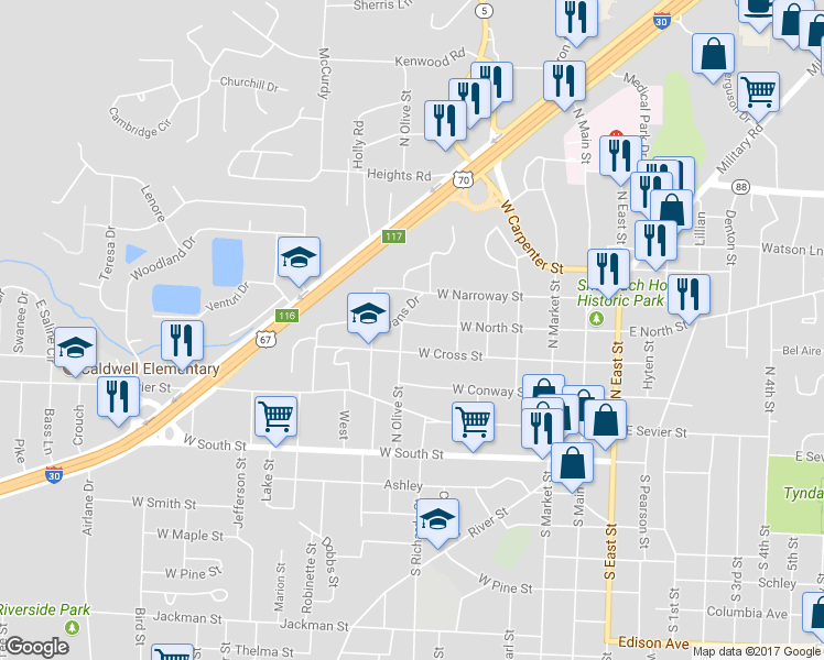 map of restaurants, bars, coffee shops, grocery stores, and more near 708 West North Street in Benton