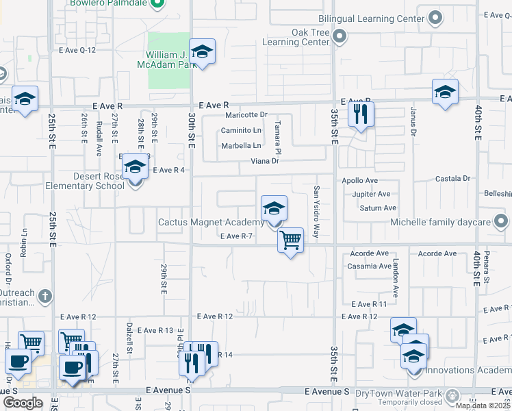 map of restaurants, bars, coffee shops, grocery stores, and more near 4034 East Avenue R 6 in Palmdale