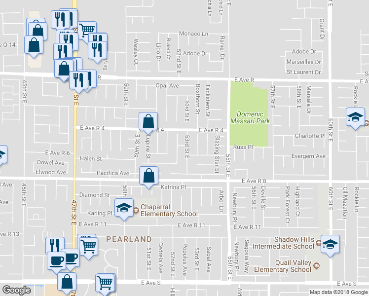 map of restaurants, bars, coffee shops, grocery stores, and more near 37717 53rd Street East in Palmdale