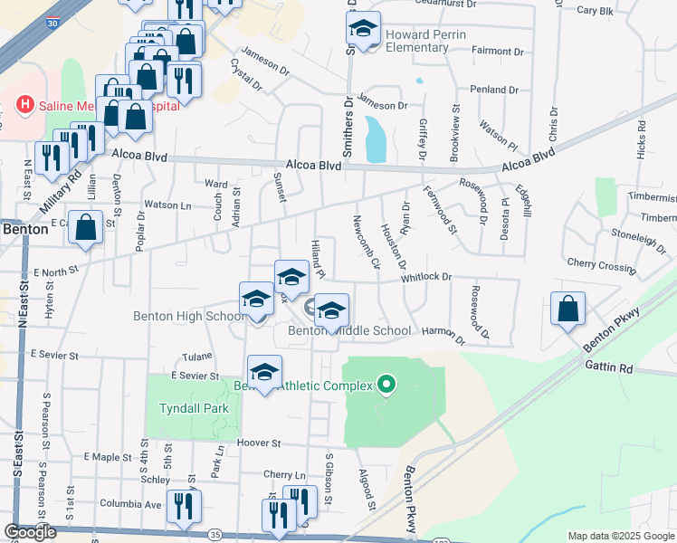 map of restaurants, bars, coffee shops, grocery stores, and more near 11 Hiland Place in Benton