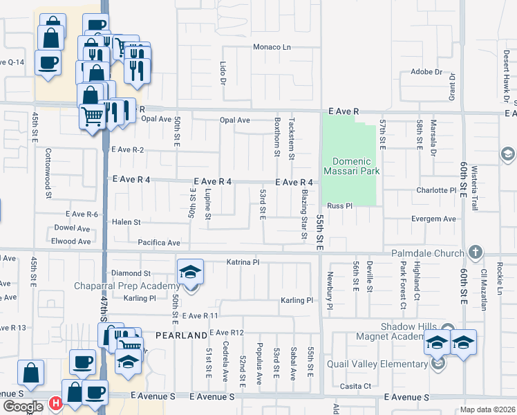map of restaurants, bars, coffee shops, grocery stores, and more near 37717 53rd Street East in Palmdale