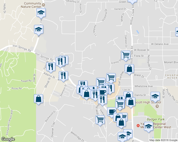 map of restaurants, bars, coffee shops, grocery stores, and more near 1282 Los Arcos Drive in Prescott